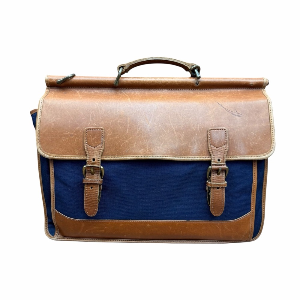 L.L. Bean Canvas Blue Travel Briefcase Shoulder Leather Dowel Rod Bag